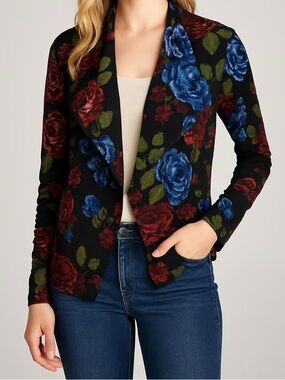 Chapter One Black Floral Open Front Blazer with Ruffled Sleeves and Collar S